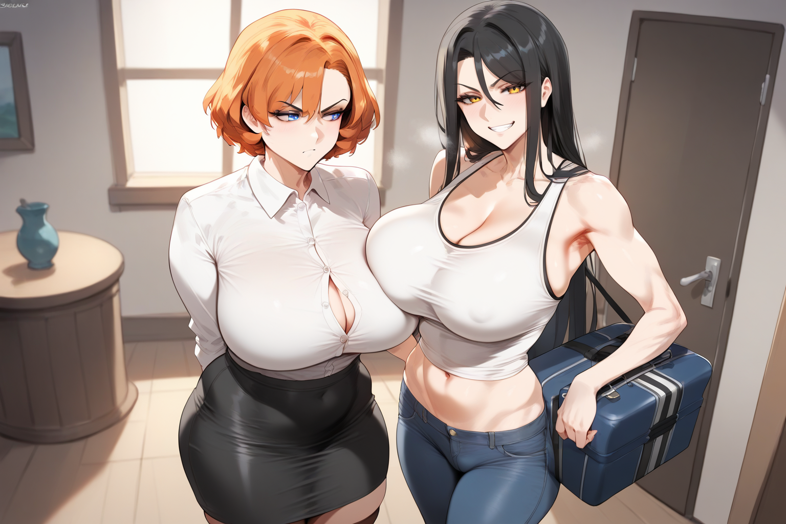 Michiko is wearing blue jeans and a white tank top. Takara is wearing a white button-up blouse and black pencil skirt.